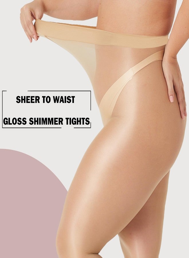 MANZI Women's Plus Size Shimmer Glossy Sheer Tights Seamless Shiny Silk reflections Footed Pantyhose Oil Pearlescent Stockings with Control Top Ultra Shimmery High Waist Nylons(Black+Natural,3XL-4XL) - Image 4